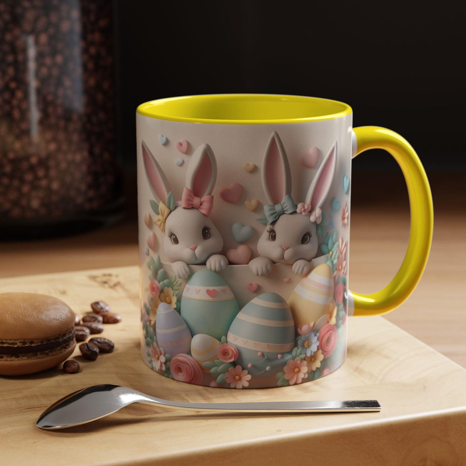 3D Easter Bunnies Coffee Mug, Spring Holiday Tea Cup, Easter Bunny Kitchen Decor, Cute Rabbit Drinkware, Pastel Easter Mug