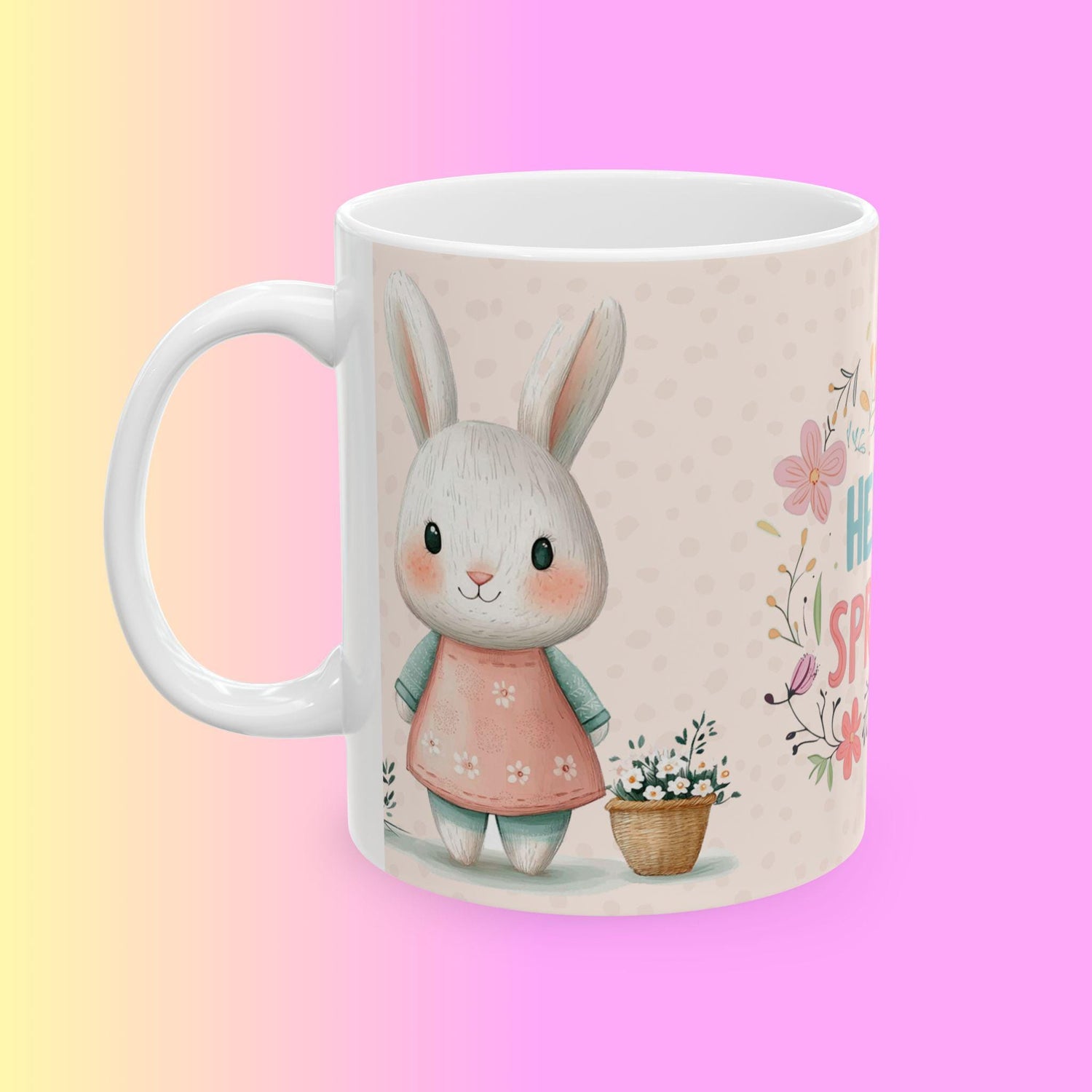 Spring Floral and Bunny Ceramic Mug | Cute Gift for Easter, Spring Decor, Coffee Lover, Tea Cup, Happy Home