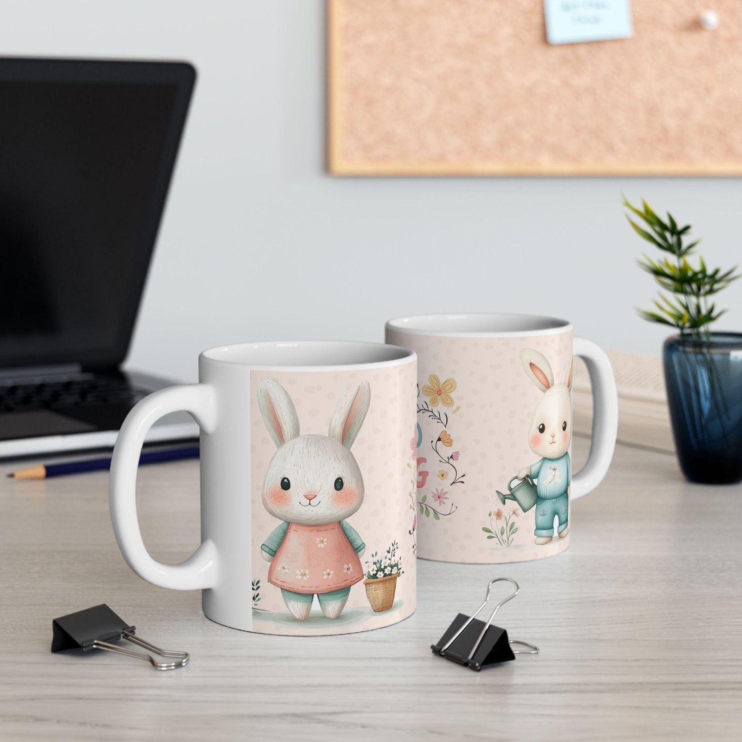 Spring Floral and Bunny Ceramic Mug | Cute Gift for Easter, Spring Decor, Coffee Lover, Tea Cup, Happy Home