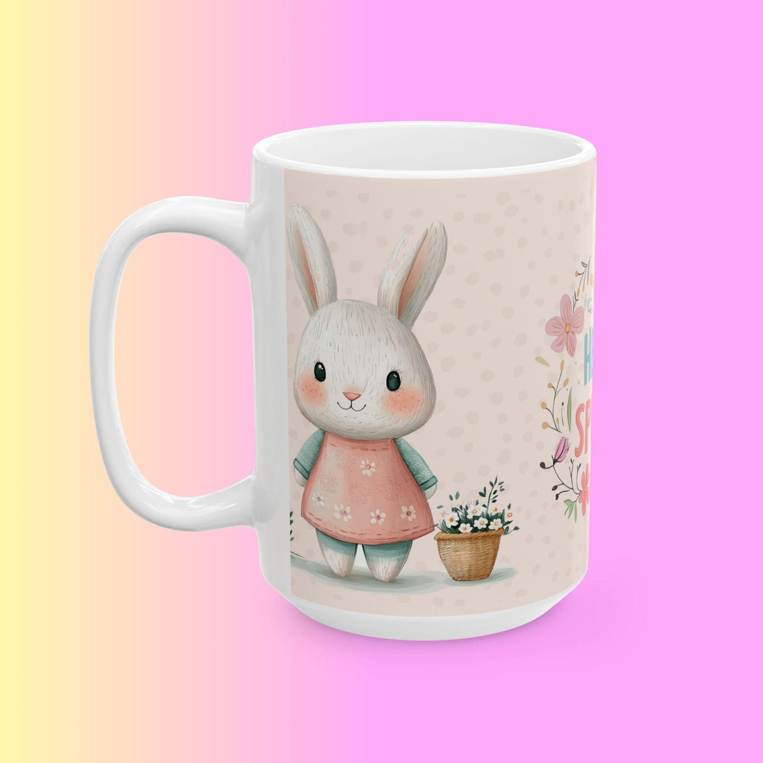 Spring Floral and Bunny Ceramic Mug | Cute Gift for Easter, Spring Decor, Coffee Lover, Tea Cup, Happy Home