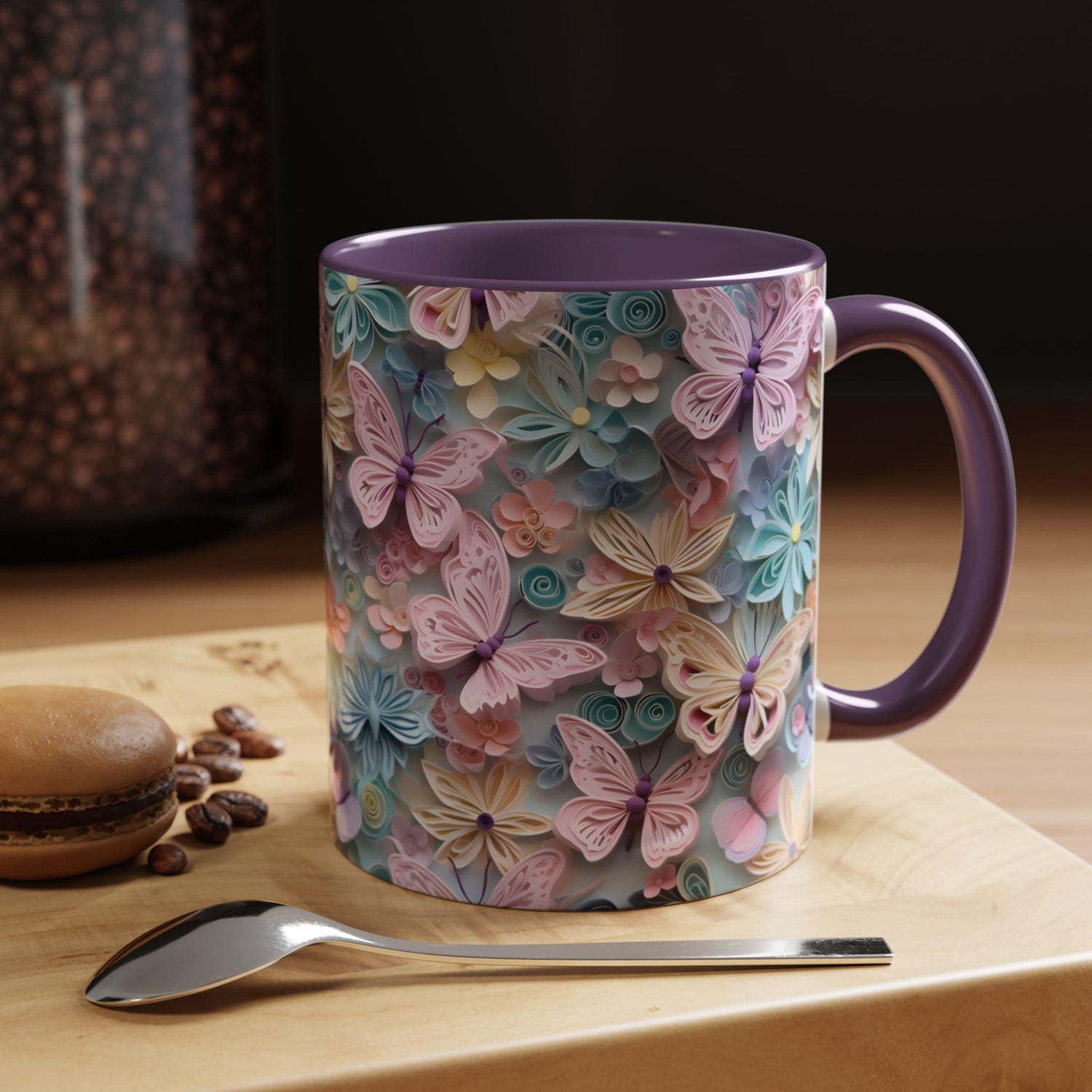 Floral Accent Coffee Mug, Vibrant 3D Butterfly Design, Gift for Nature Lovers, Mother&