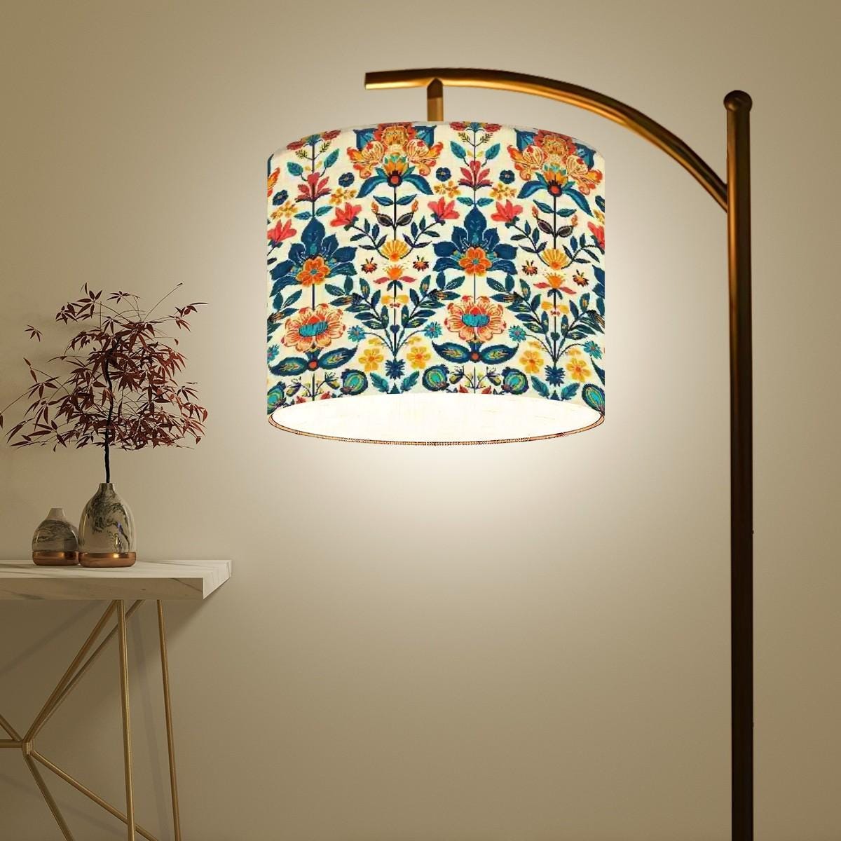 Native Floral Sublimation Arc Floor Lamp | Vibrant Bohemian Lighting | Handmade in USA | Modern Home Decor