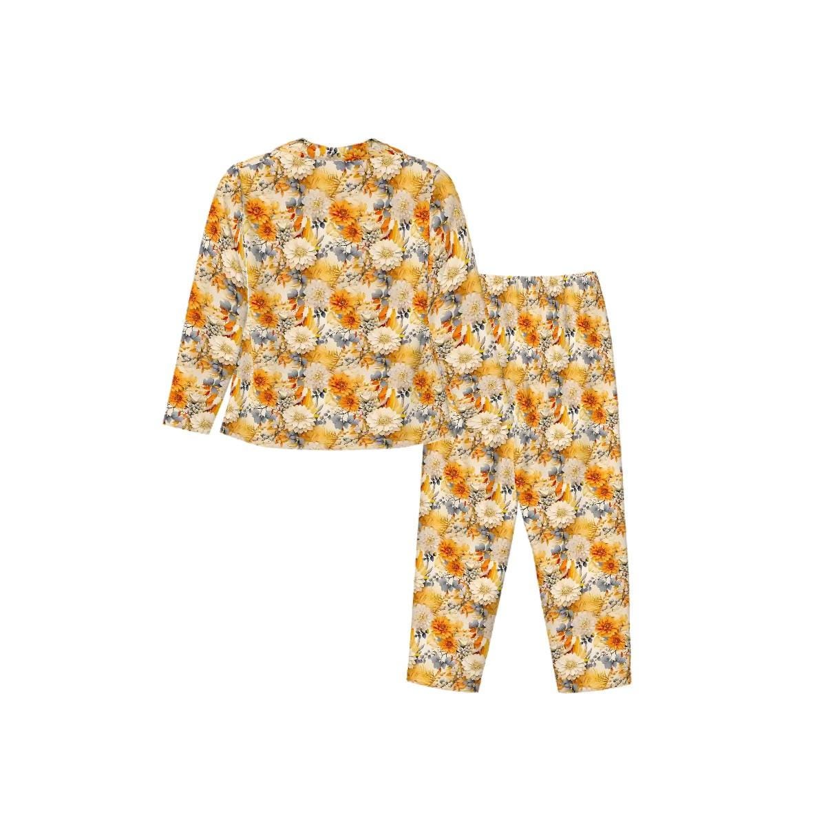 Ladies Spring Summer Bright Yellow Floral Long Sleeved Pajama Set