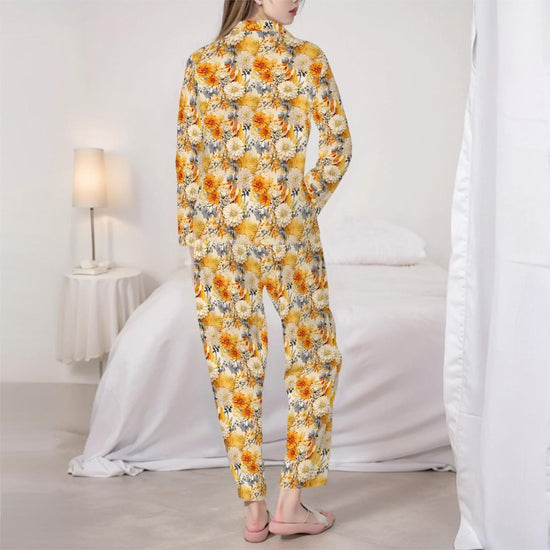 Ladies Spring Summer Bright Yellow Floral Long Sleeved Pajama Set