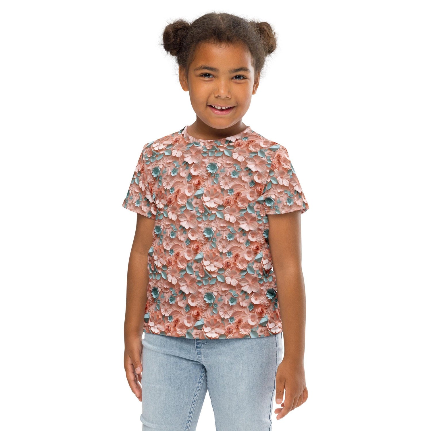 3D Floral Print Kids T-Shirt – Spring Crew Neck Tee, Soft Breathable Toddler Top, Cute Bloom Pattern Short Sleeve Shirt for Girls