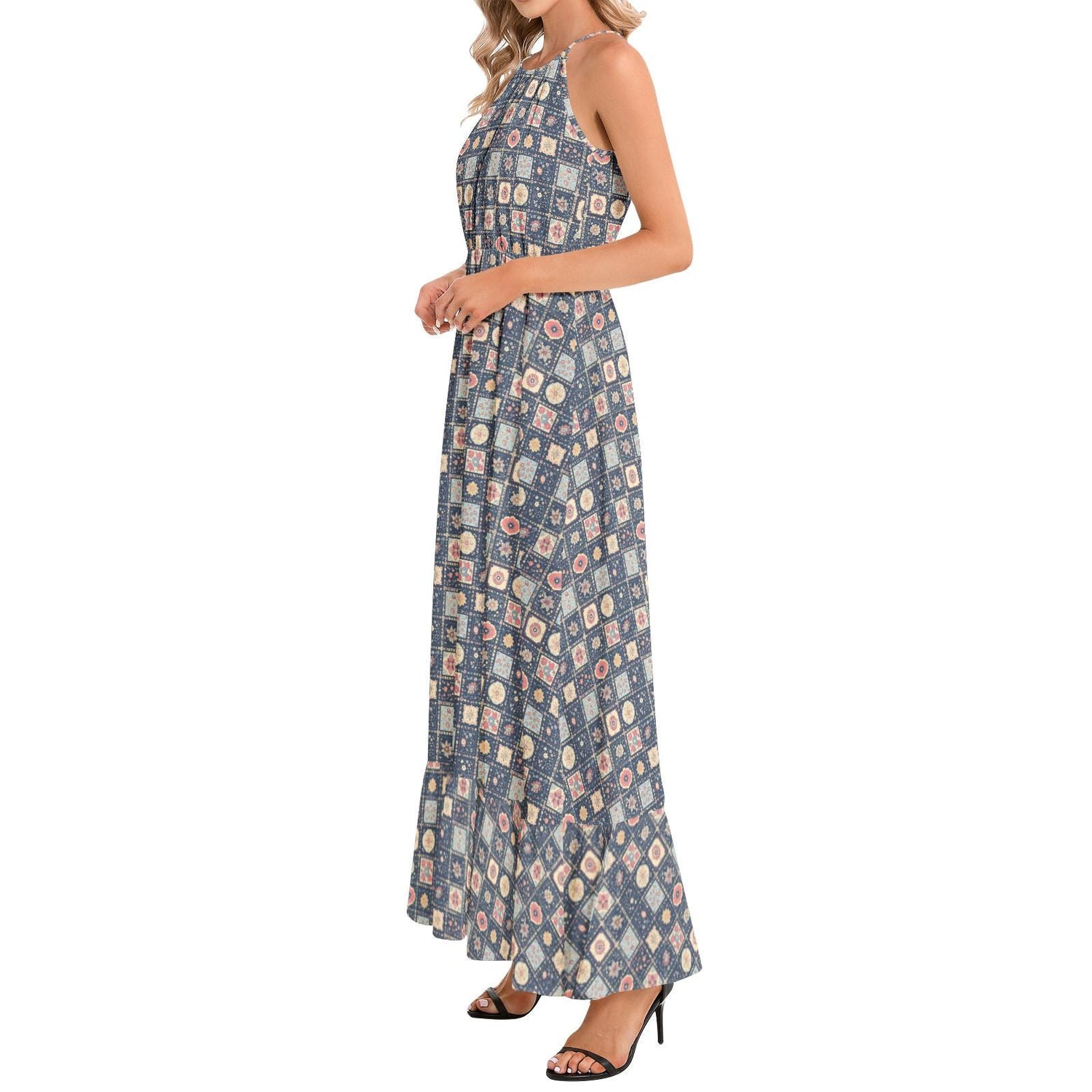 Geometric Print Chiffon Maxi Dress – Ruffle Hem & Halter Neck Elegant Long Dress for Women