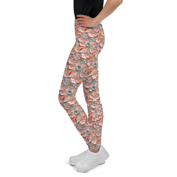3D Floral Print Youth Leggings | All-Over Pattern Kids Leggings | Girls’ Floral Pants | Stretchy Comfortable Child Leggings | Cute Playwear