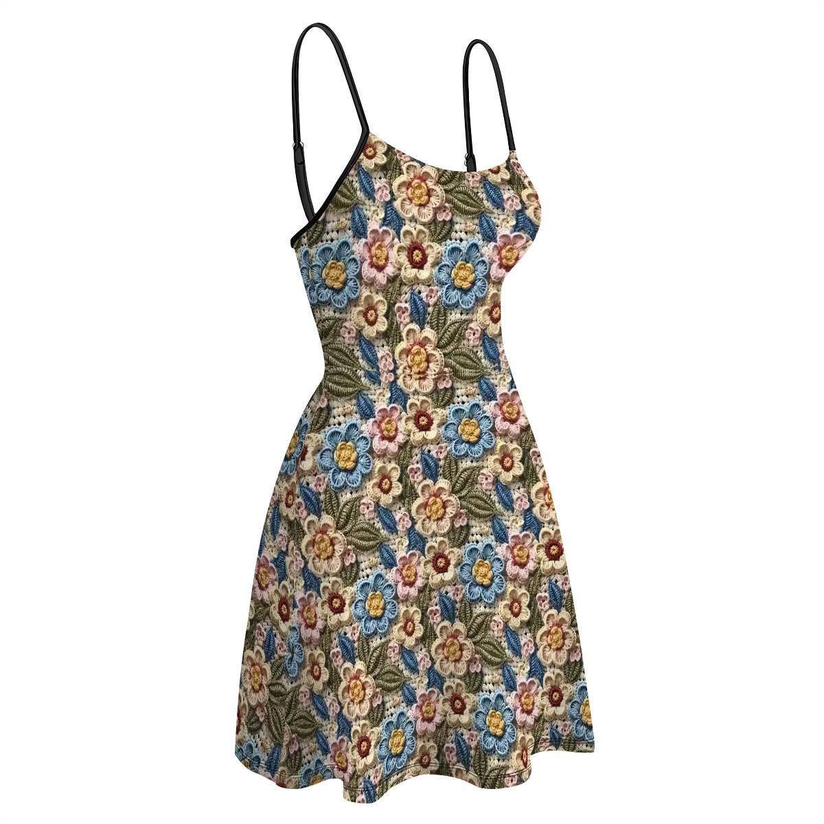 Womens Crotchet Sublimation Print Design Short Spaghetti Strap A-Line Dress | Great Casaual Floral Pattern Print Design