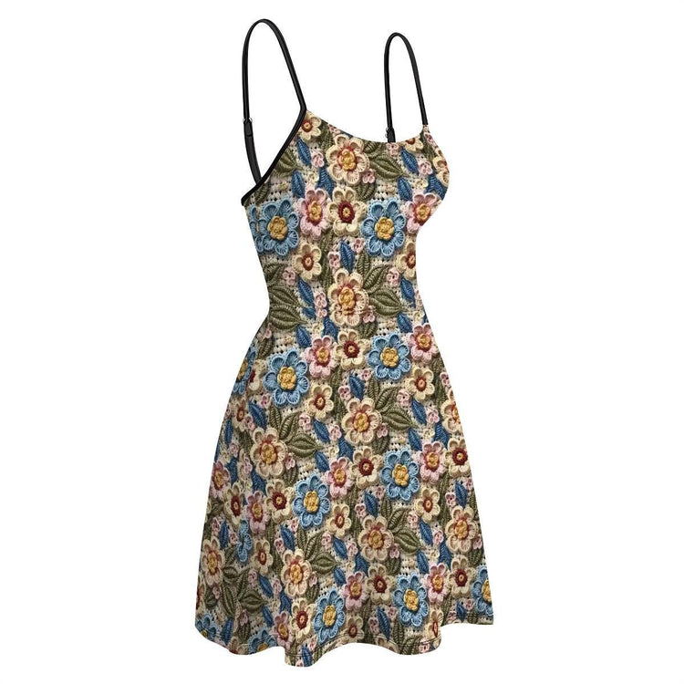 Womens Crotchet Sublimation Print Design Short Spaghetti Strap A-Line Dress | Great Casaual Floral Pattern Print Design