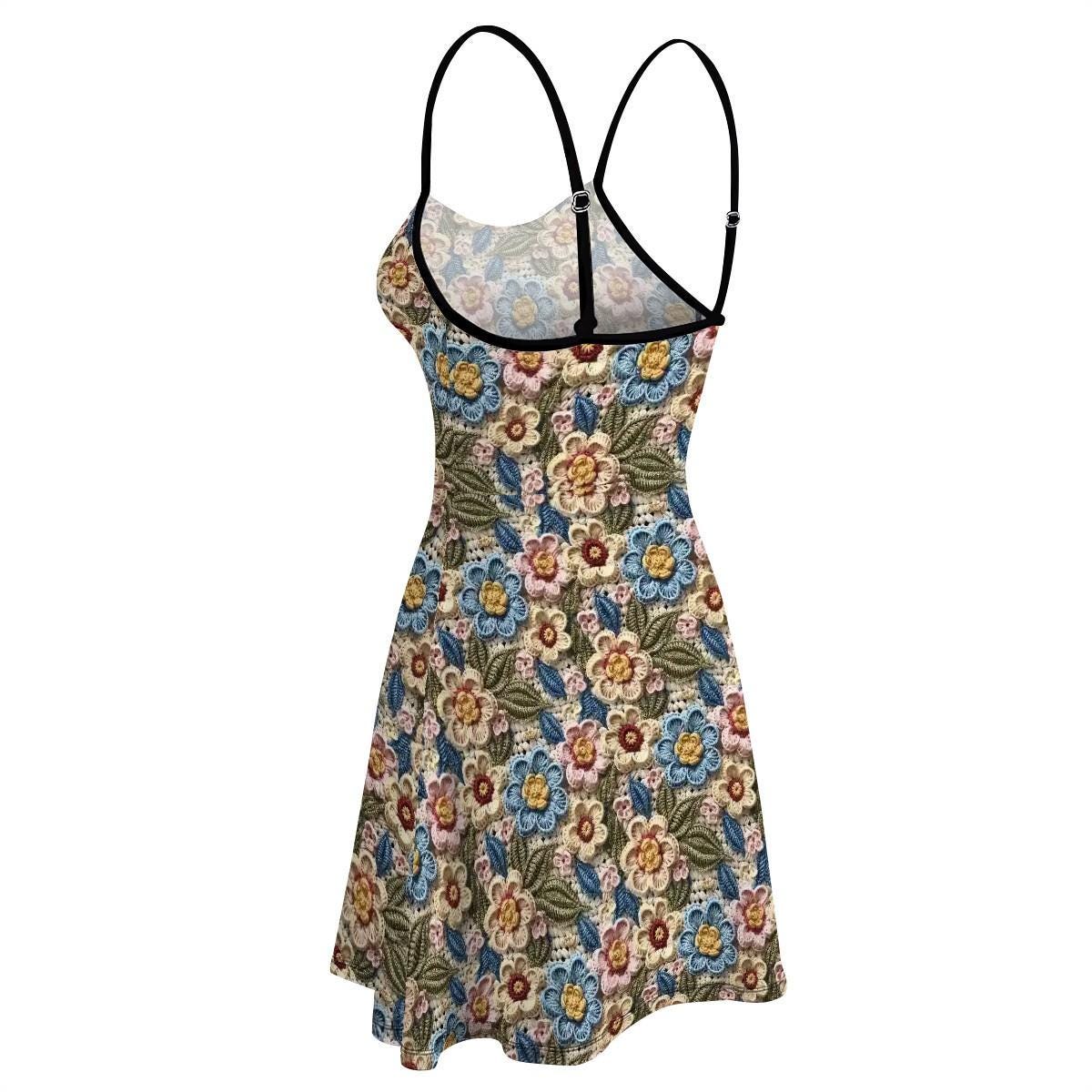 Womens Crotchet Sublimation Print Design Short Spaghetti Strap A-Line Dress | Great Casaual Floral Pattern Print Design