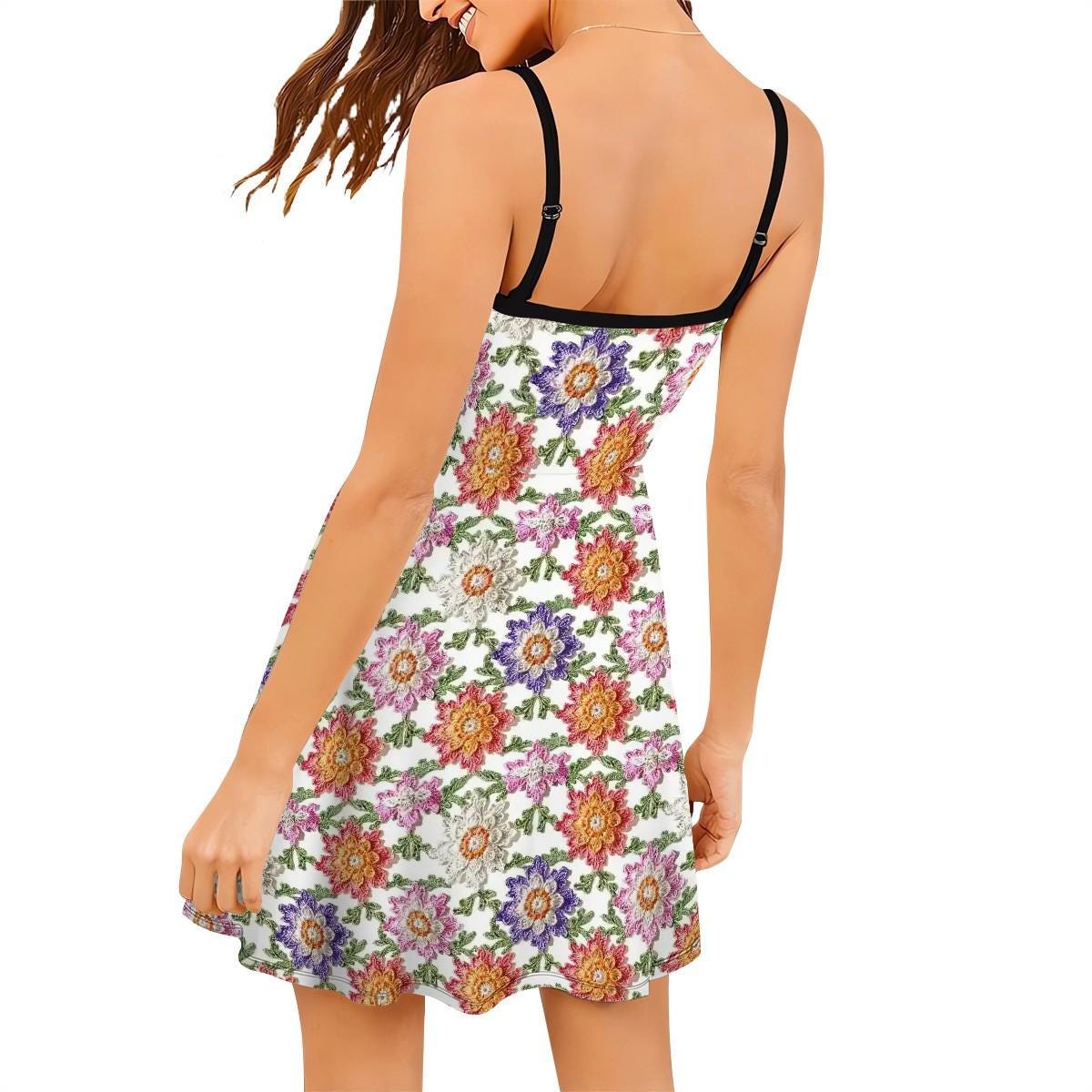 Ladies Crochet Floral Print Short Spaghetti Strap A-Line Dress – Boho Summer Dress, Beach Cover Up, Casual Sundress