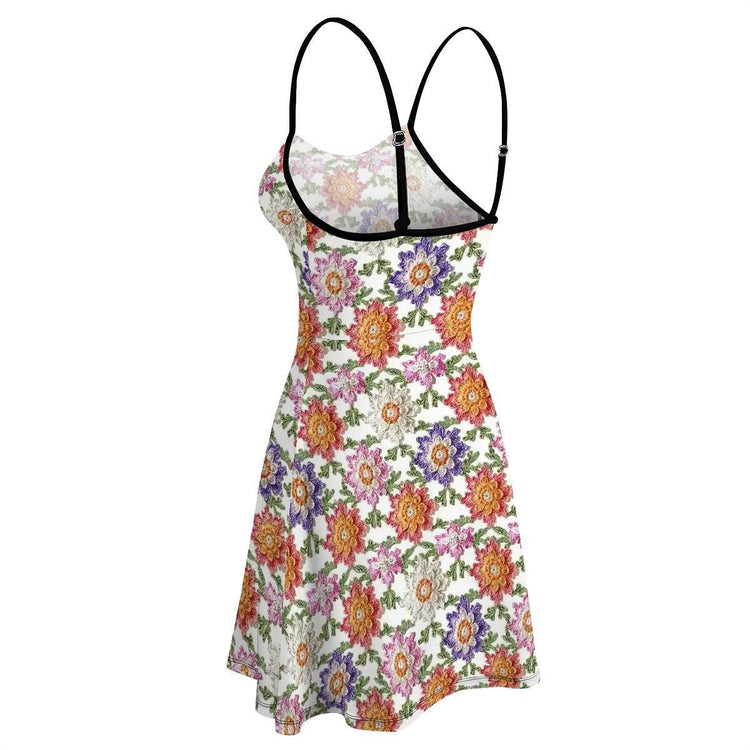 Ladies Crochet Floral Print Short Spaghetti Strap A-Line Dress – Boho Summer Dress, Beach Cover Up, Casual Sundress