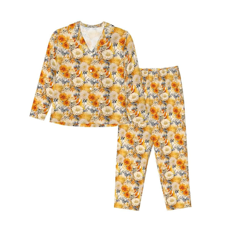 Ladies Spring Summer Bright Yellow Floral Long Sleeved Pajama Set