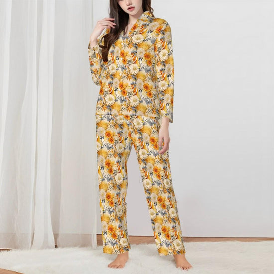 Ladies Spring Summer Bright Yellow Floral Long Sleeved Pajama Set