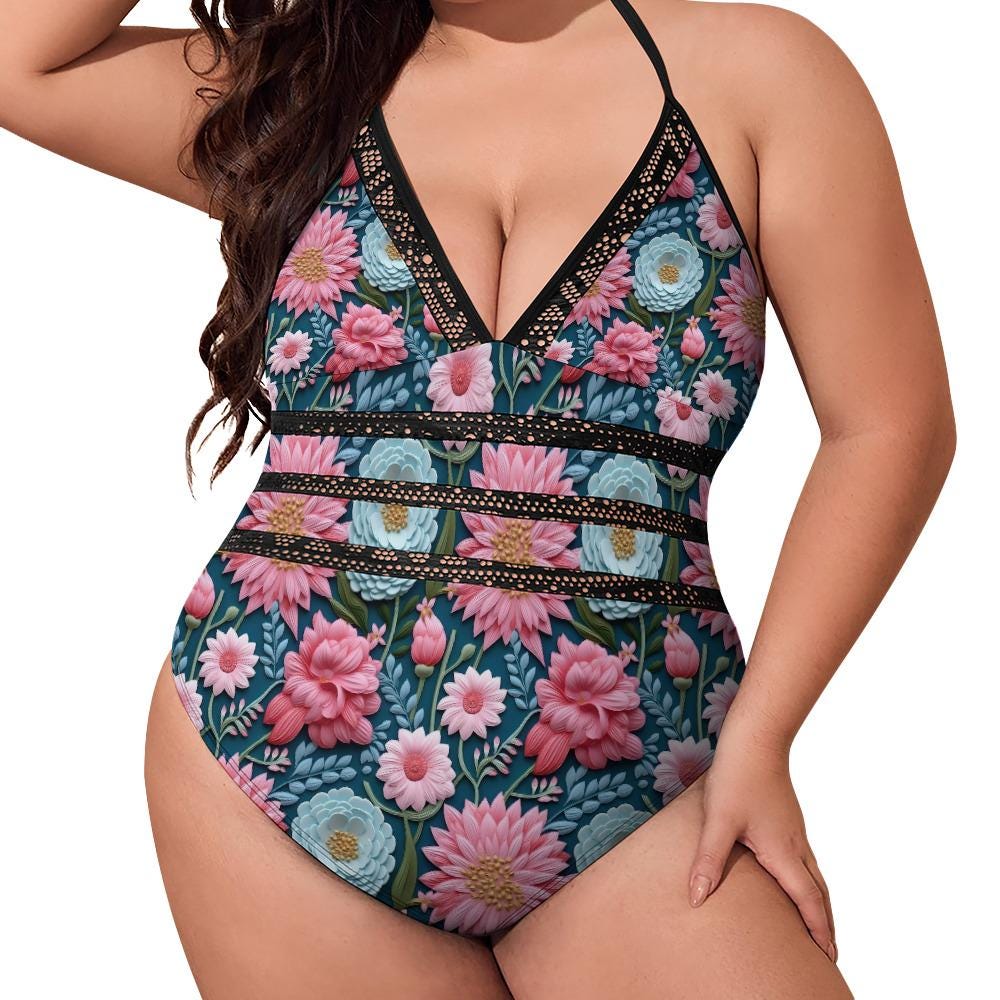3D Floral Plus Size Bikini – Women’s High-Waisted Swimsuit – Summer Beachwear